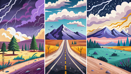 Vector illustration of a lonely mountain road beneath stormy clouds set ideal for dramatic travel scenes, solitude, moody landscapes, and emotional storytelling visuals banner