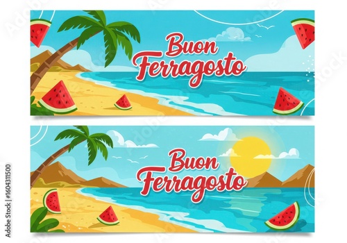 Buon ferragosto italian summer holiday beach scene with watermelon