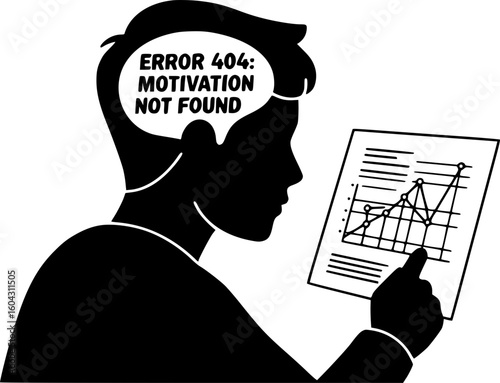 A metaphor for the fear of being fired due to fatigue, burnout, and loss of motivation. A silhouette of a person is looking at a graph, with "Error 404: Motivation Not Found" in their head.
