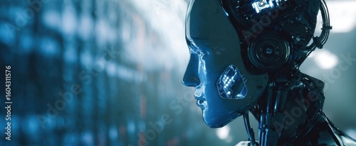 The robotic head illuminated by glowing technology in a futuristic environment.