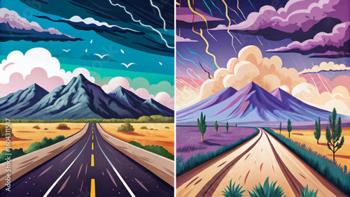 Vector illustration of a lonely mountain road beneath stormy clouds set ideal for dramatic travel scenes, solitude, moody landscapes, and emotional storytelling visuals banner
