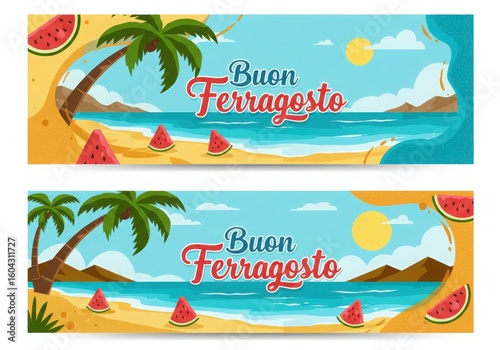 Buon ferragosto italian summer holiday beach scene with palm trees and watermelon