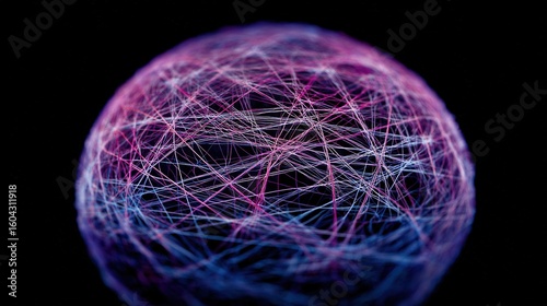 A vivid color photograph of an abstract sphere made up of many thin lines, set against a black background with blue and purple hues.