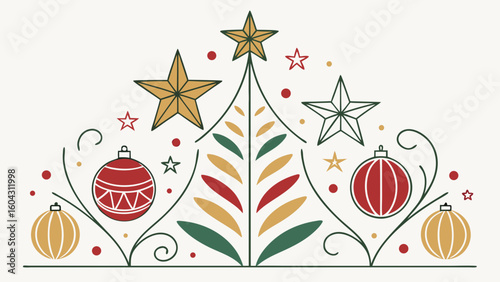 Illustration of a christmas tree with stars and ornaments in red gold and green colors on a white background