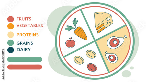 Visual representation of a balanced diet plate categorizing foods into fruits vegetables proteins grains and dairy for healthy eating guidance