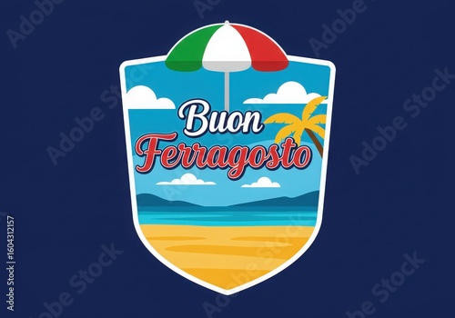 Italian ferragosto holiday beach scene with palm tree and umbrella