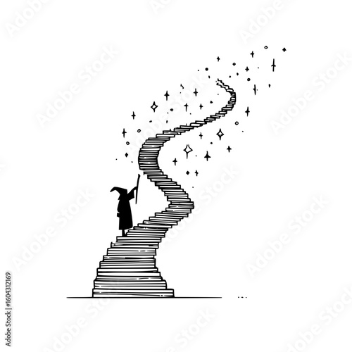 A wizard ascends a winding staircase towards the stars in a black and white illustration style image