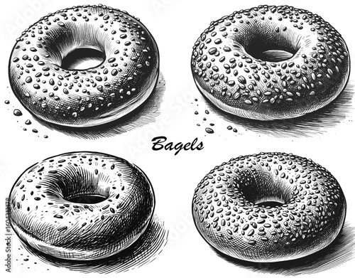 Golden Perfection Bagel linework vintage ink sketch hand drawn bread pen drawing illustration background vector