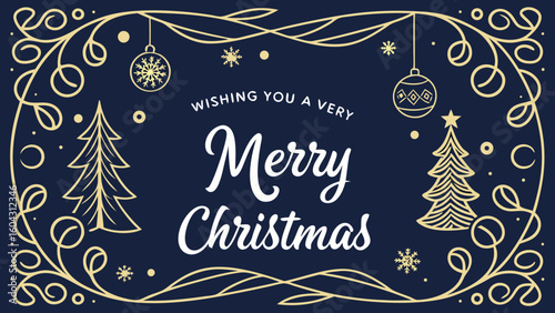 Wishing you a very merry christmas card with christmas trees and ornaments on a dark blue background