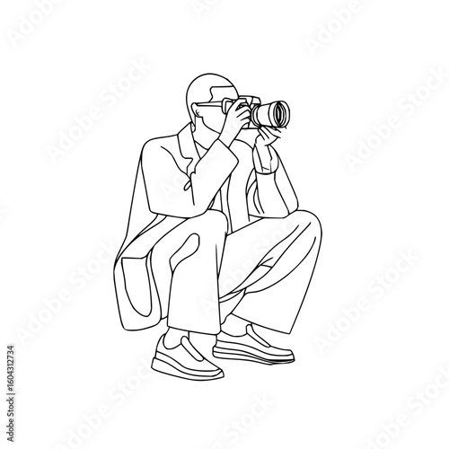 Line art of a photographer in a coat crouching while holding a camera with both hands to his face