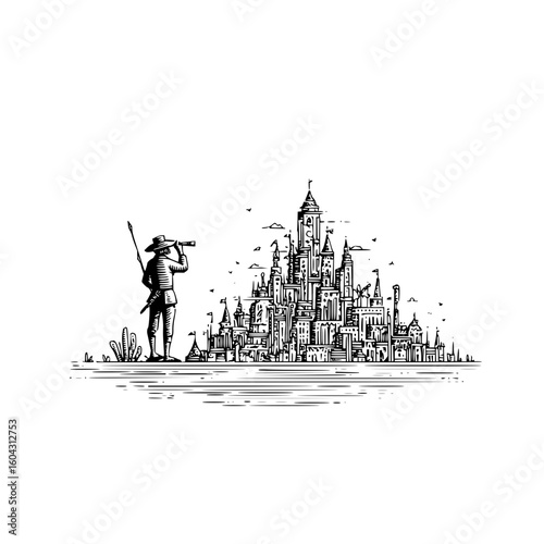 A man with a hat and a spear looking through a telescope at a castle with many towers and flags afar