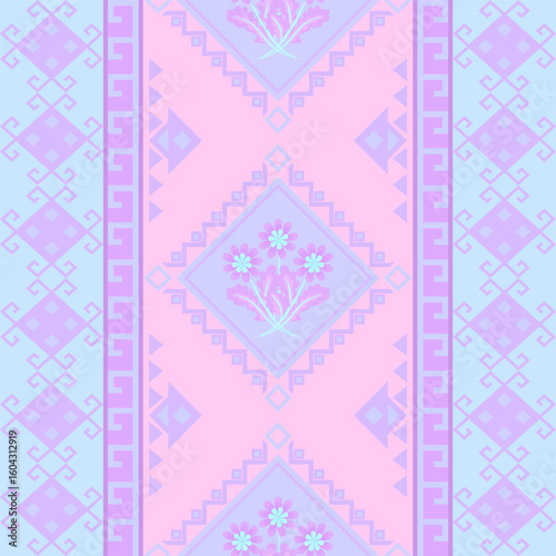 Pastel Pink and Light Blue Geometric Floral Pattern Seamless Textile Design with Tribal Motifs and Flower Accents