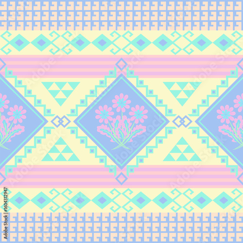 Pastel Geometric Pattern with Floral Design Seamless Textile Texture Background