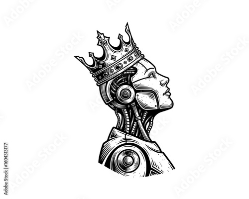 woodcut linocut illustration of half body robot figure wearing a crown looking upward resembling ai artificial intelligence android machine conquer human race