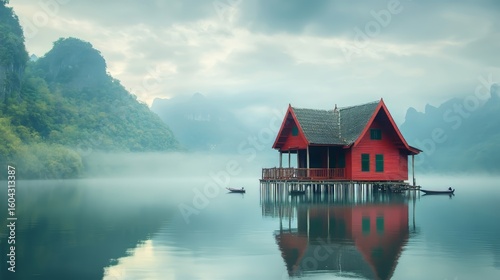 Traditional red wooden house on a lake on an early summer morning