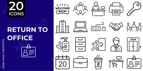 Icon set representing return to office with various workspace symbols  