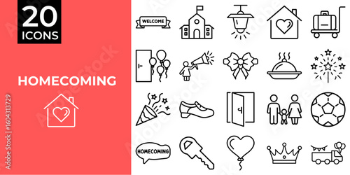 Homecoming icon set featuring symbols of celebration and reunion  