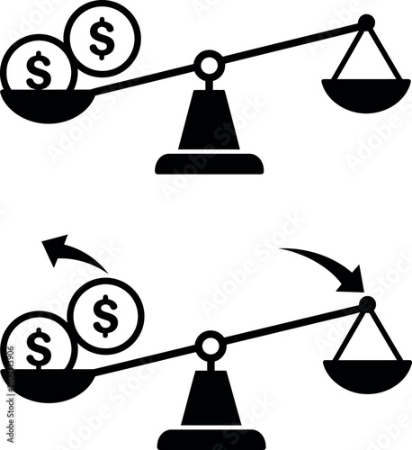 Balance scale with coins financial equilibrium value