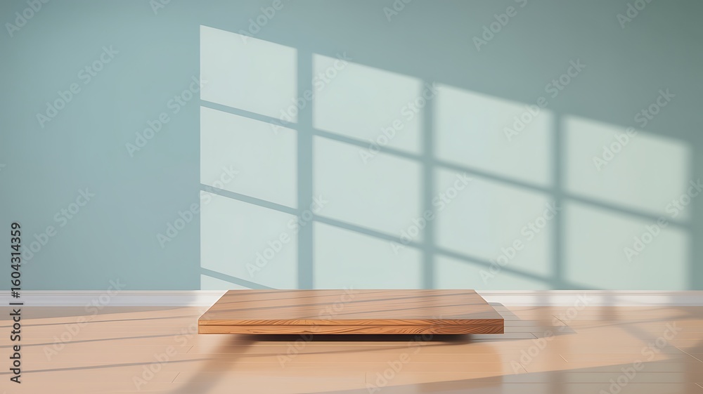 Fototapeta premium Minimalist Interior with Wooden Platform and Window Shadows Perfect for Product Display and Advertising Mockups Simple Aesthetic
