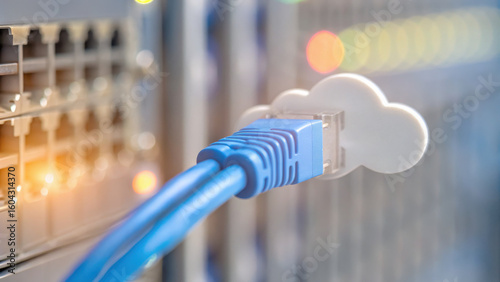 Cloud connect network cable plugged into server symbolizing memory storage and data transfer technology