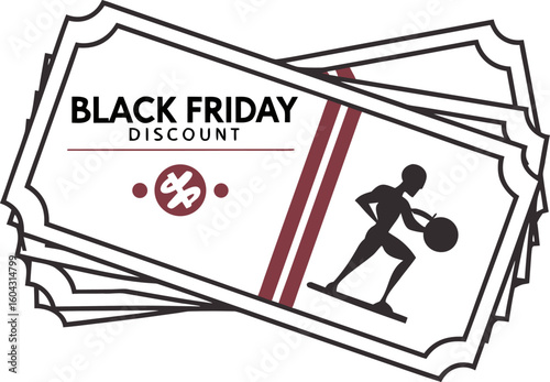 Black friday discount tickets featuring a basketball player silhouette and dollar sign emblem representing savings and sports deals