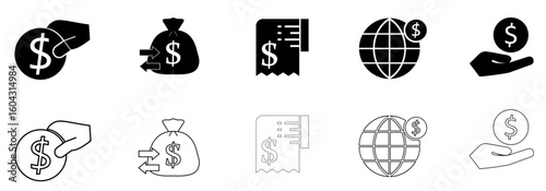 Money and Finance Icon Set – Hand, Coin, Payment, Transaction, Receipt, Globe, Bag Symbols