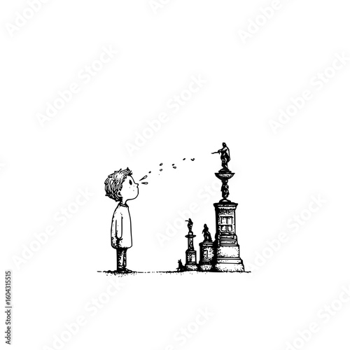 Boy Blowing Doves from Mouth beside Giant Chess Pieces