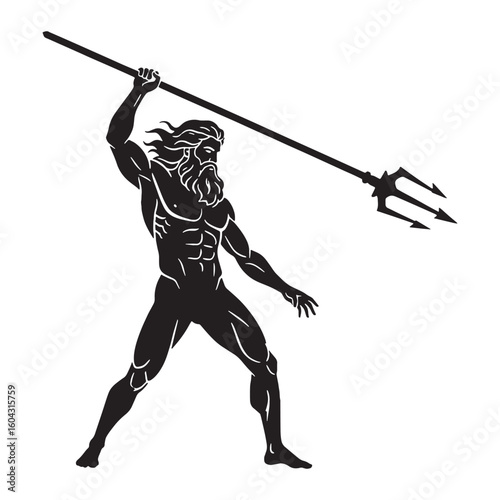 Defined Poseidon digital black image, characterized by sharp, distinct lines – Poseidon silhouette – Poseidon Vector – Silhouette of Poseidon – Greek god vector

