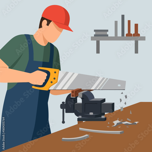 Craftsman Sawing Wood with Hand Saw in Workshop Setting