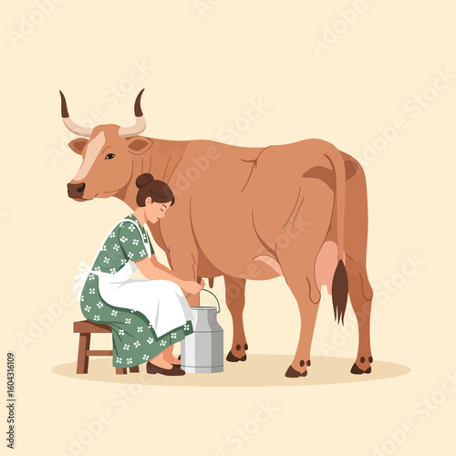 Woman Milking Brown Cow Seated on Stool, Vintage Style