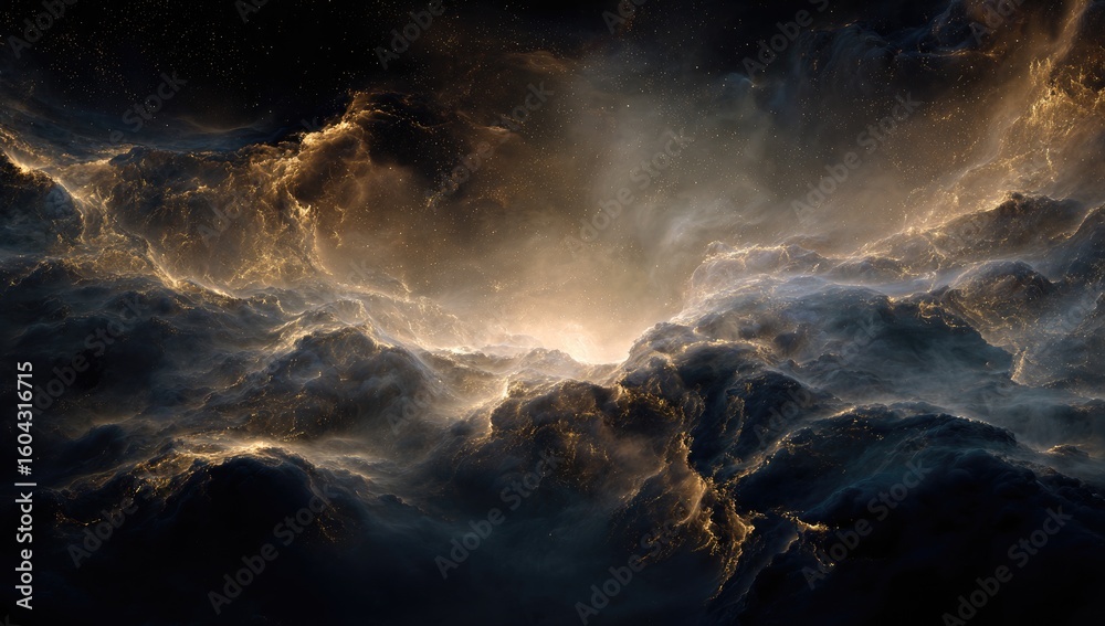 Naklejka premium Vast, swirling clouds of gold and dark hues in space, light breaking through