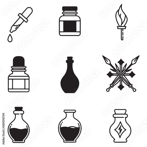 Set of vector icons representing alchemy elements including bottles flasks and droppers for designs