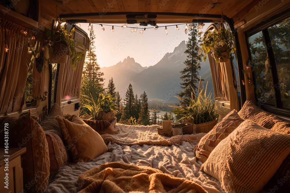 Naklejka premium Przytulne miejsce wypoczynkowe w kamperze z wygodną kanapą, dekoracjami i dużymi oknami ukazującymi malownicze widoki natury w tle.