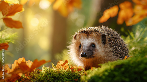 Hedgehog exploring a vibrant forest floor surrounded by autumn leaves and soft sunlight in a serene natural setting
