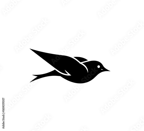Vector silhouette of a small bird flying to the right, in minimalist black and white style. Suitable for logo, icon, or simple graphic decoration.