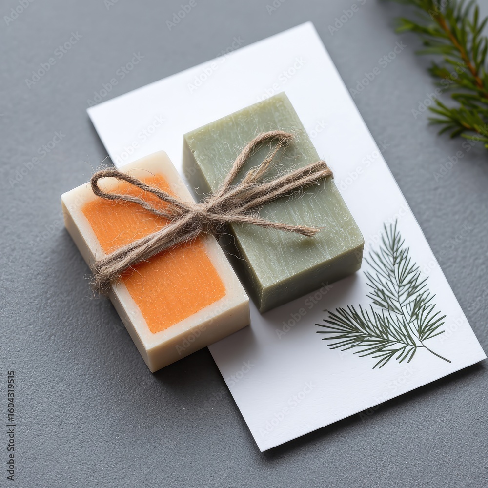 Fototapeta premium Two handmade soaps, orange and green, tied with twine on a card, with a sprig of pine