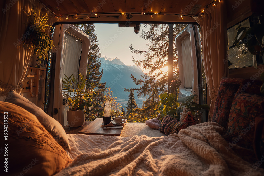 Naklejka premium Przytulne miejsce wypoczynkowe w kamperze z wygodną kanapą, dekoracjami i dużymi oknami ukazującymi malownicze widoki natury w tle.