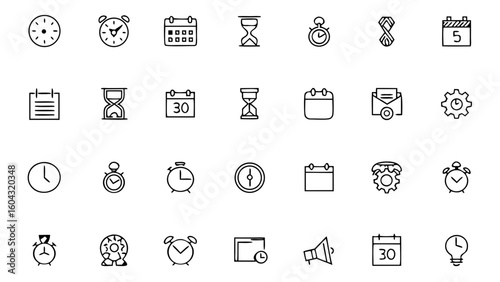 Time Management Vector Icon Set with Clock, Calendar, Hourglass, Checklist, Stopwatch, Planner, and Productivity Graph in Minimal Line Style