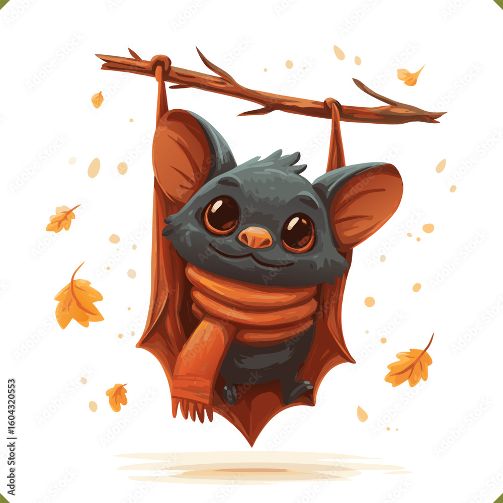 Fototapeta premium Vector illustration of a cute bat with scarf, surrounded by autumn leaves, cozy style, perfect for seasonal design, isolated on white background
