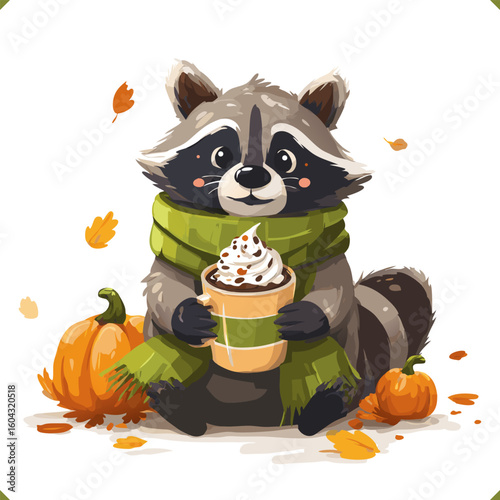 Vector illustration of a cute raccoon with a green scarf holding a cup of hot drink, surrounded by pumpkins and autumn leaves, cozy style, perfect for seasonal design, isolated on white background