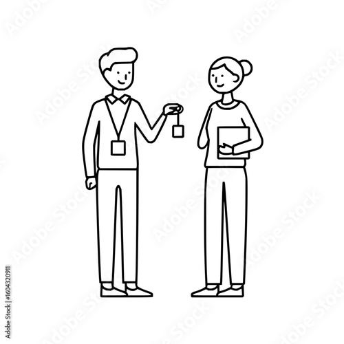 A man handing a key to a woman who is holding a book in a line drawing style on a white background.