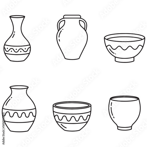 Vector illustration of hand-drawn ceramic vases and bowls outlined on white background