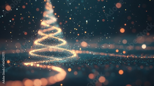 Glowing light trails create an intricate Christmas tree shape, sparkling against a dark backdrop, evoking a festive atmosphere