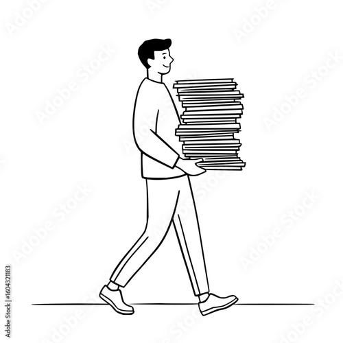 Man carrying a tall stack of papers while walking in a line drawing style with a neutral expression shown