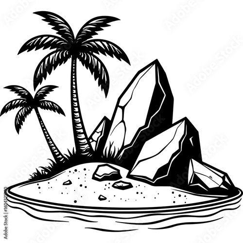 Sketchy emblem of heavy stones hiding the treasure of the pirate island. Engraving minimalistic vector in black ink drawing on transparent background