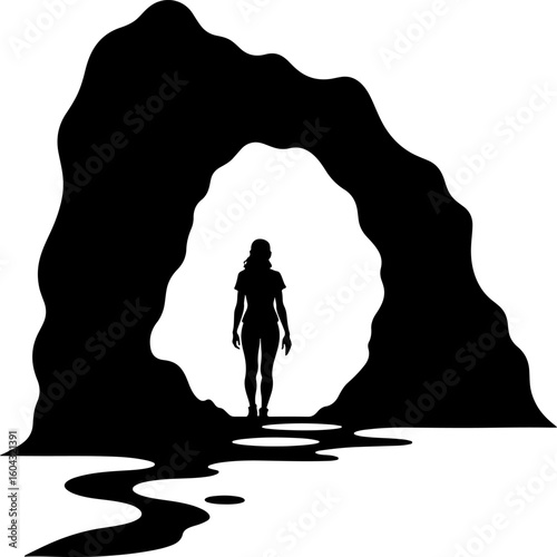Sketchy emblem of girl walking along the tourist route to the Cave Grotto. Engraving minimalistic vector in black ink drawing on transparent background