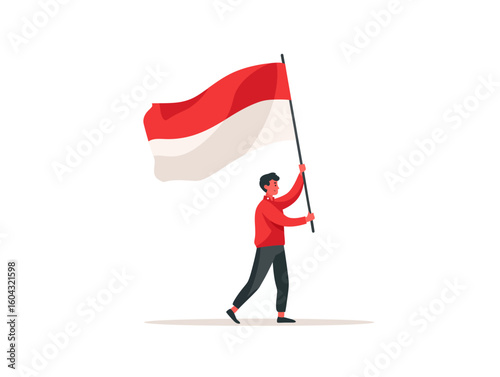 A proud young man enthusiastically waves the Indonesian flag in a flat design vector character illustration.