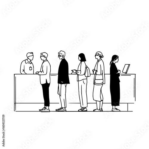 Illustration of a line of people waiting at a counter with a person behind it in black and white style