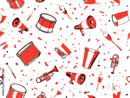 A festive seamless pattern of red and white musical instruments for an independence day parade celebration background.

