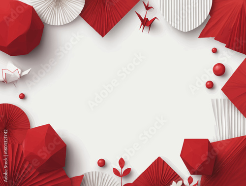 A festive celebration frame of red and white paper craft fans and origami birds with central copy space.

